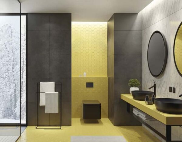 nasvícení moderní šedožluté koupelny pomocí LED pásků