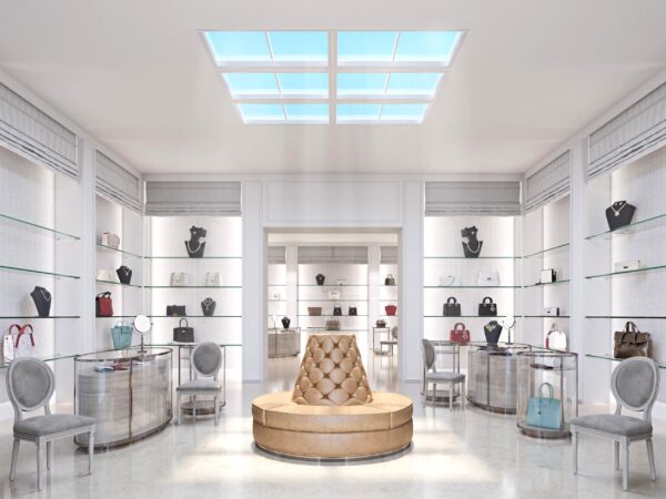 virtuální sluneční okno v obchodě s luxusními kabelkami