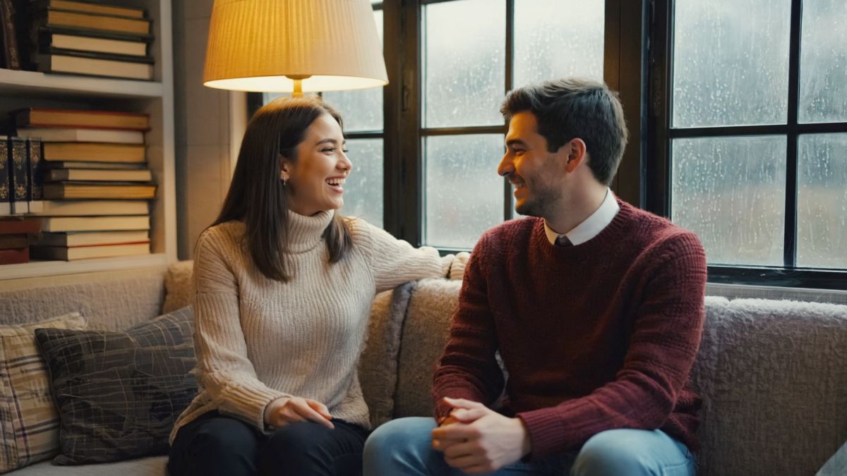 Muž a žena sedí na gauči, povídají si a u toho jim svítí lampa.