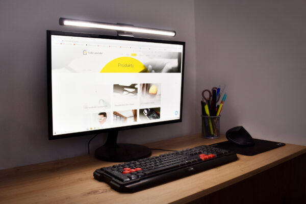 Klávasnice, myš, monitor se svítidlem a košík s tuškami