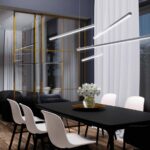 závěsná liniová svítidla z LED profilů nad černým jídelním stolem s bílými židlemi