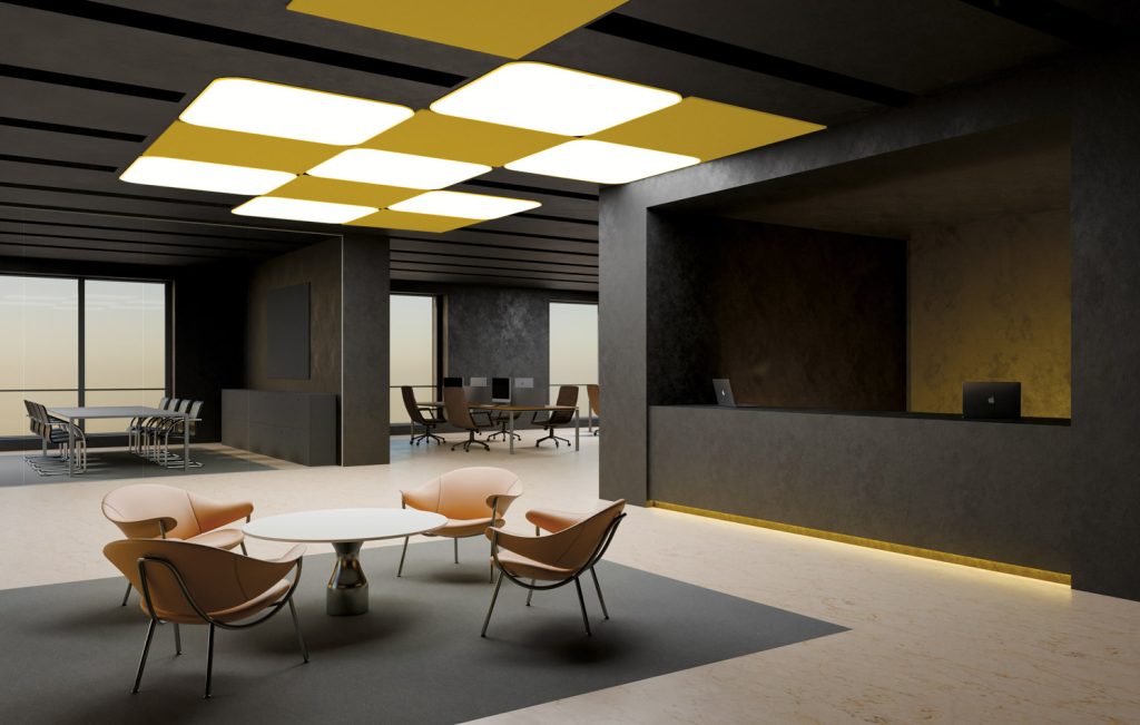 Plnospektrální LED svítidlo Ella Q je použito v rest room místnosti a kanceláři namísto denního světla.